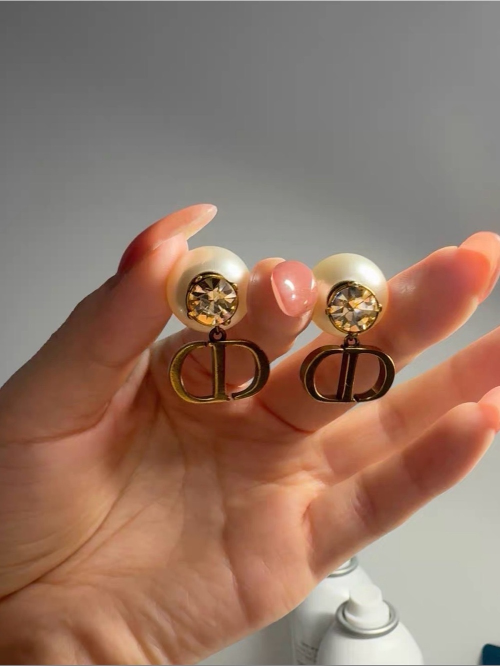Dior Pearl and Crystal Drop Earrings with Gold Logo Accent - Cream/Gold used one